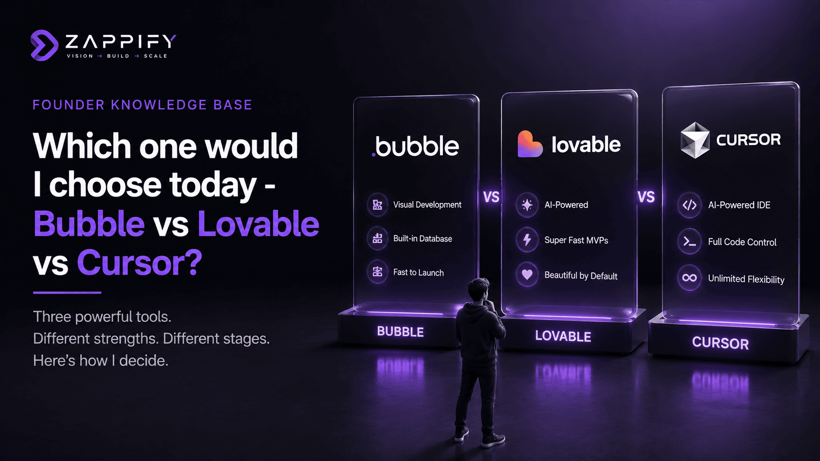Founder comparing Bubble, Lovable, and Cursor to choose the right technology for building a startup, based on development speed, flexibility, and control.