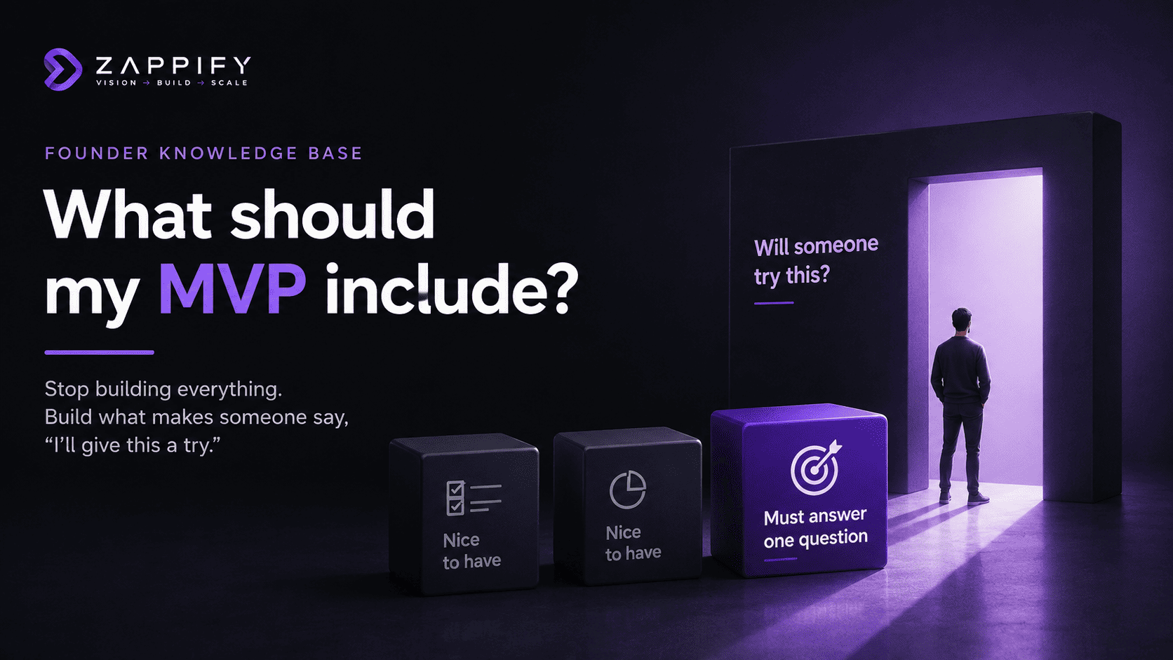 Founder deciding what to include in an MVP, separating essential features from nice to have features and focusing on what makes customers willing to try the product.