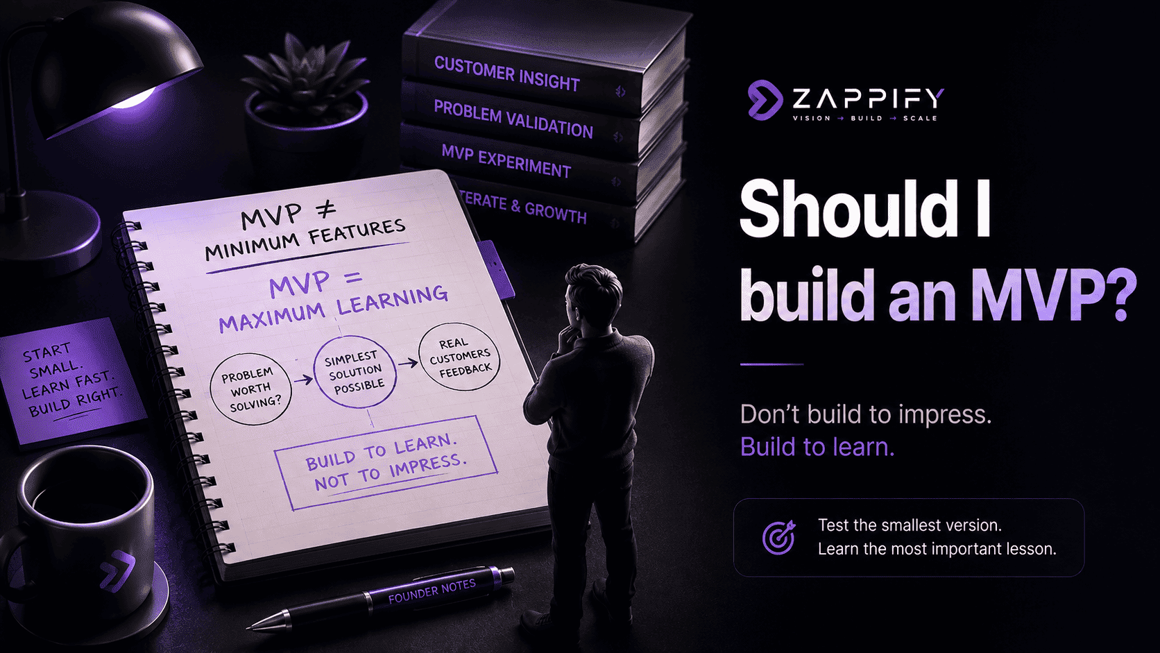Founder evaluating whether to build an MVP, focusing on problem validation, the simplest solution, customer feedback, and learning before scaling.