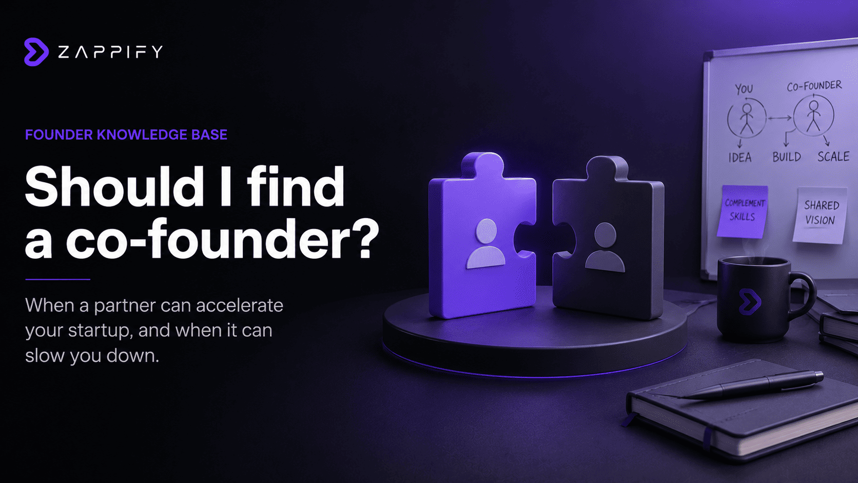Two puzzle pieces representing a founder and cofounder, highlighting complementary skills, shared vision, and partnership in building a startup.