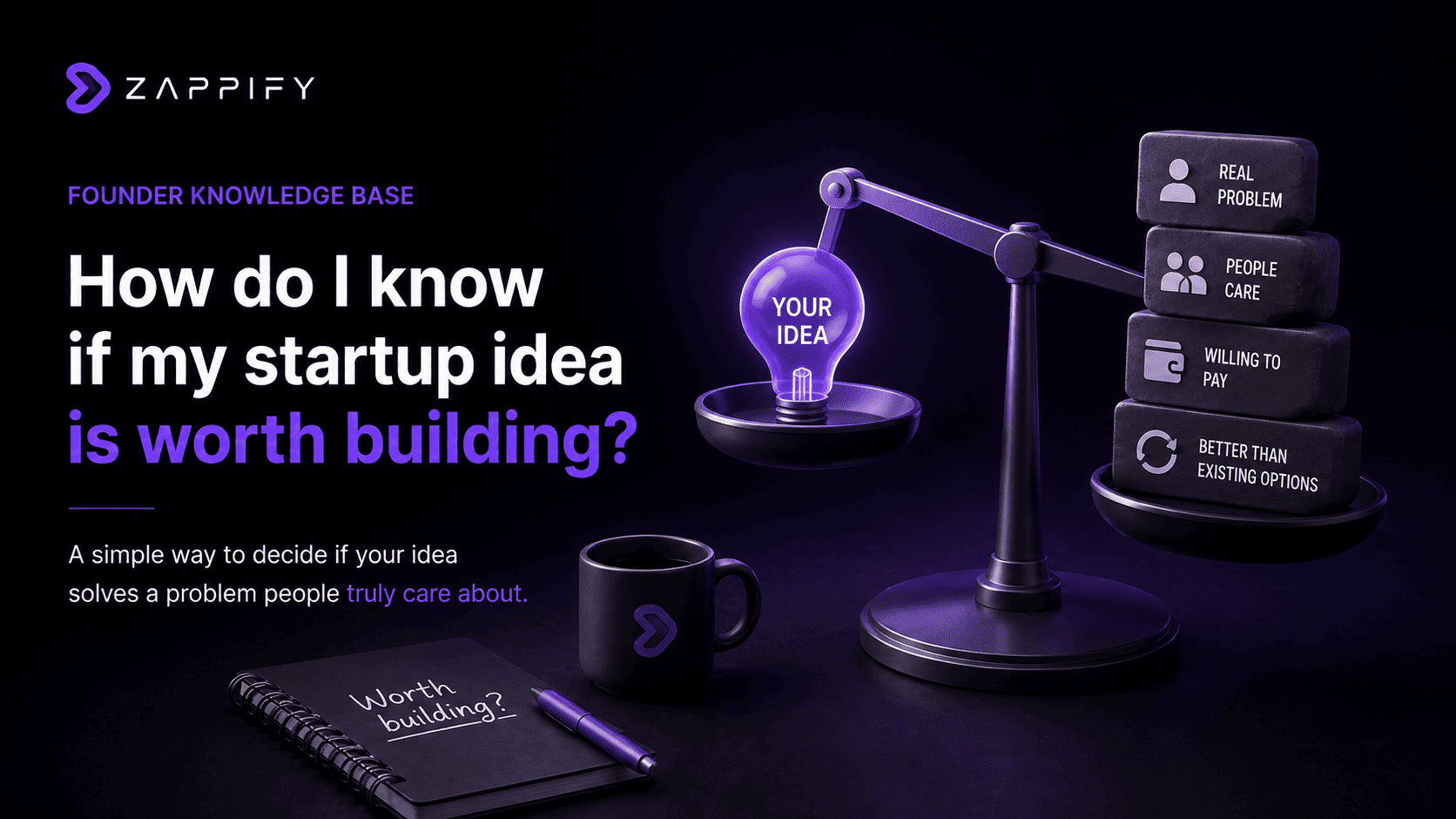 Startup idea evaluated on a balance scale against real customer needs, willingness to pay, and whether it solves a problem better than existing options.