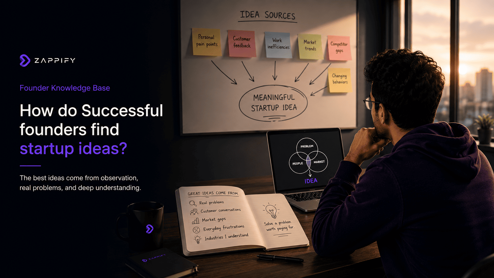Founder exploring startup idea sources, using customer feedback, market trends, personal pain points, and competitor gaps to identify a meaningful startup idea.