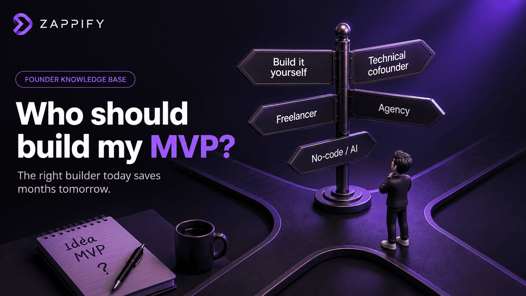 Founder deciding who should build an MVP, comparing a technical cofounder, agency, freelancer, no code or AI tools, and building it independently.