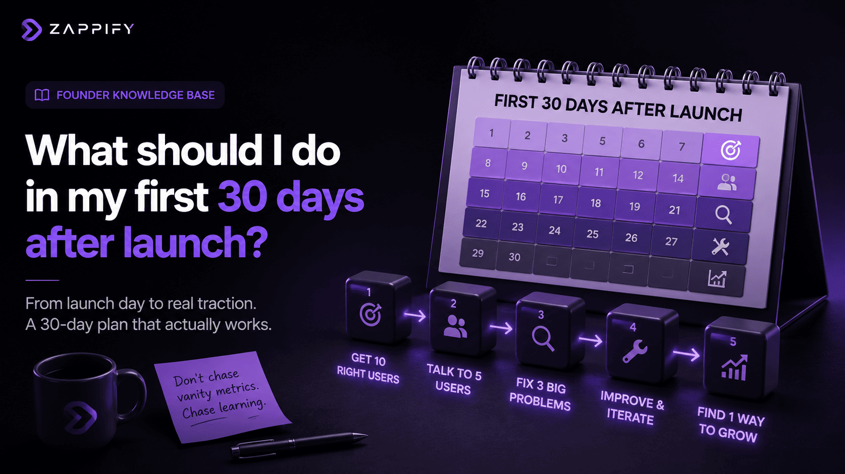 Zappify Founder Knowledge Base illustration showing a 30 day launch plan for a startup MVP, with a calendar and steps for getting users, talking to customers, fixing problems, improving the product, and finding growth.