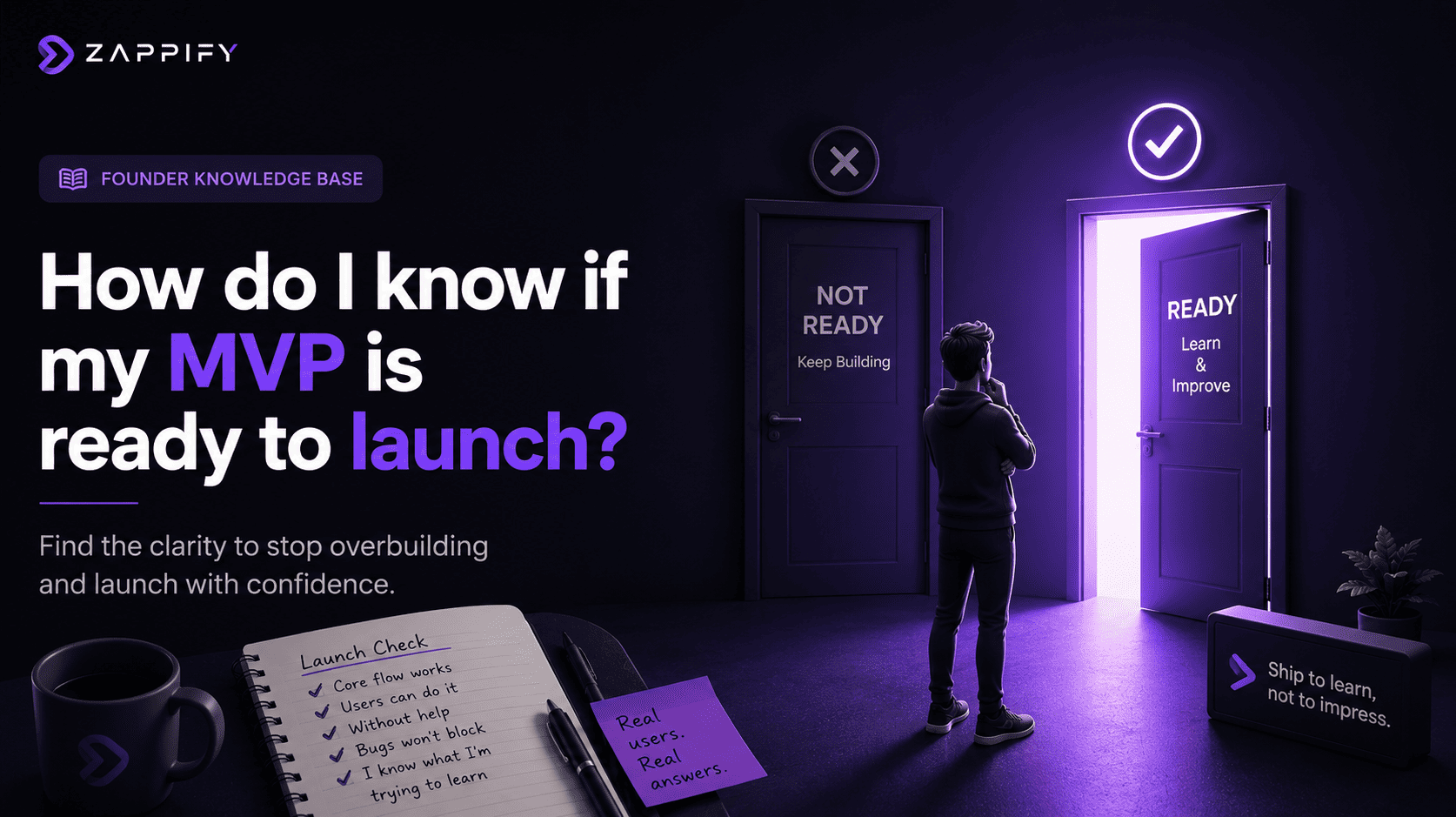 Founder deciding whether an MVP is ready to launch, comparing a “Not Ready” door with a “Ready” path to launch and learn.