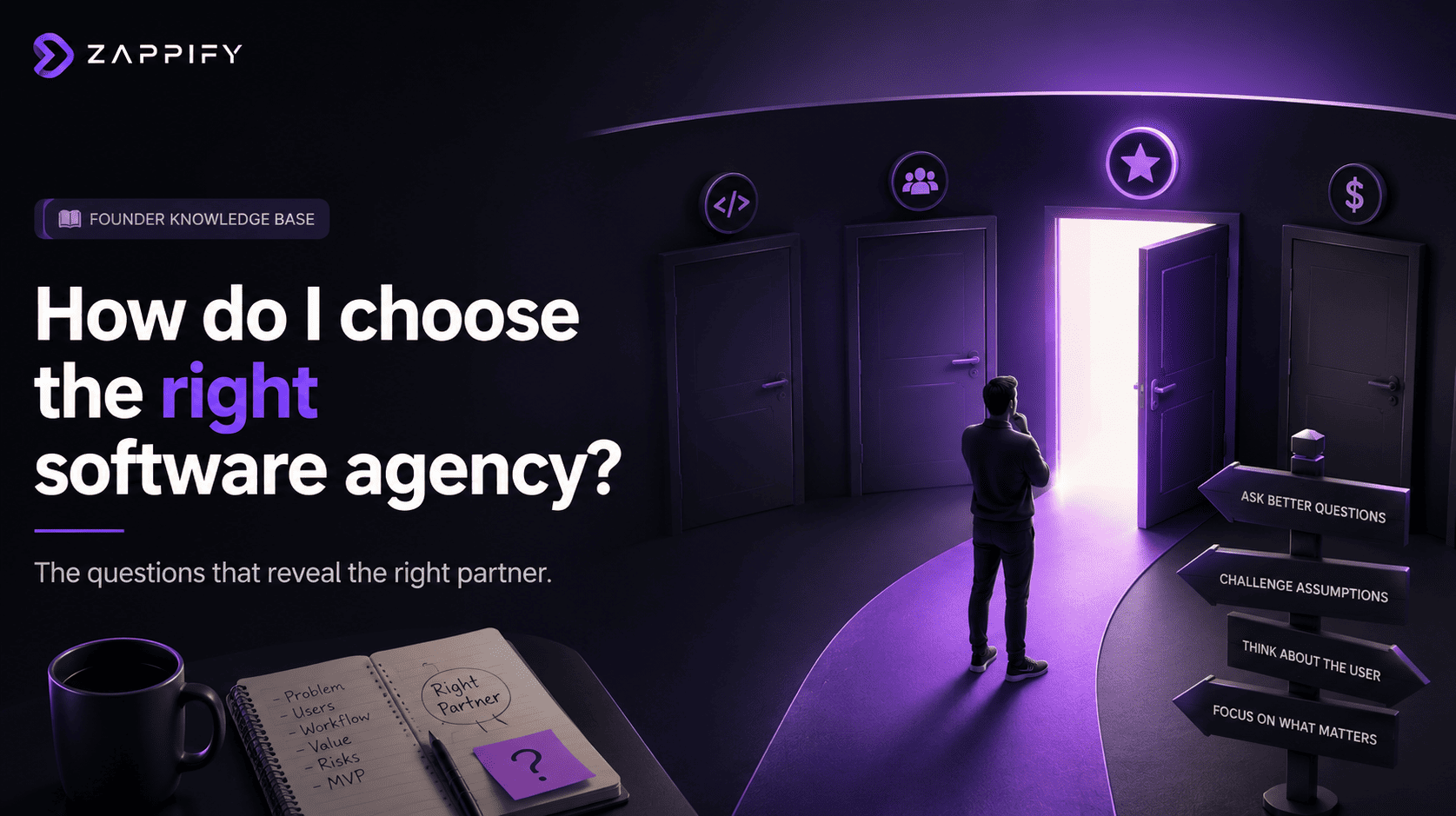 Founder choosing the right software agency, illustrated by a path leading through different agency options with guidance on asking better questions and focusing on the right partner.