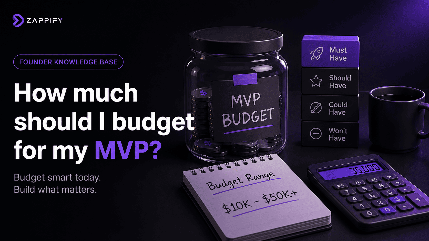 Premium 3D illustration of a founder planning an MVP budget, with a balance scale representing development cost and product scope, on a dark charcoal and purple background.