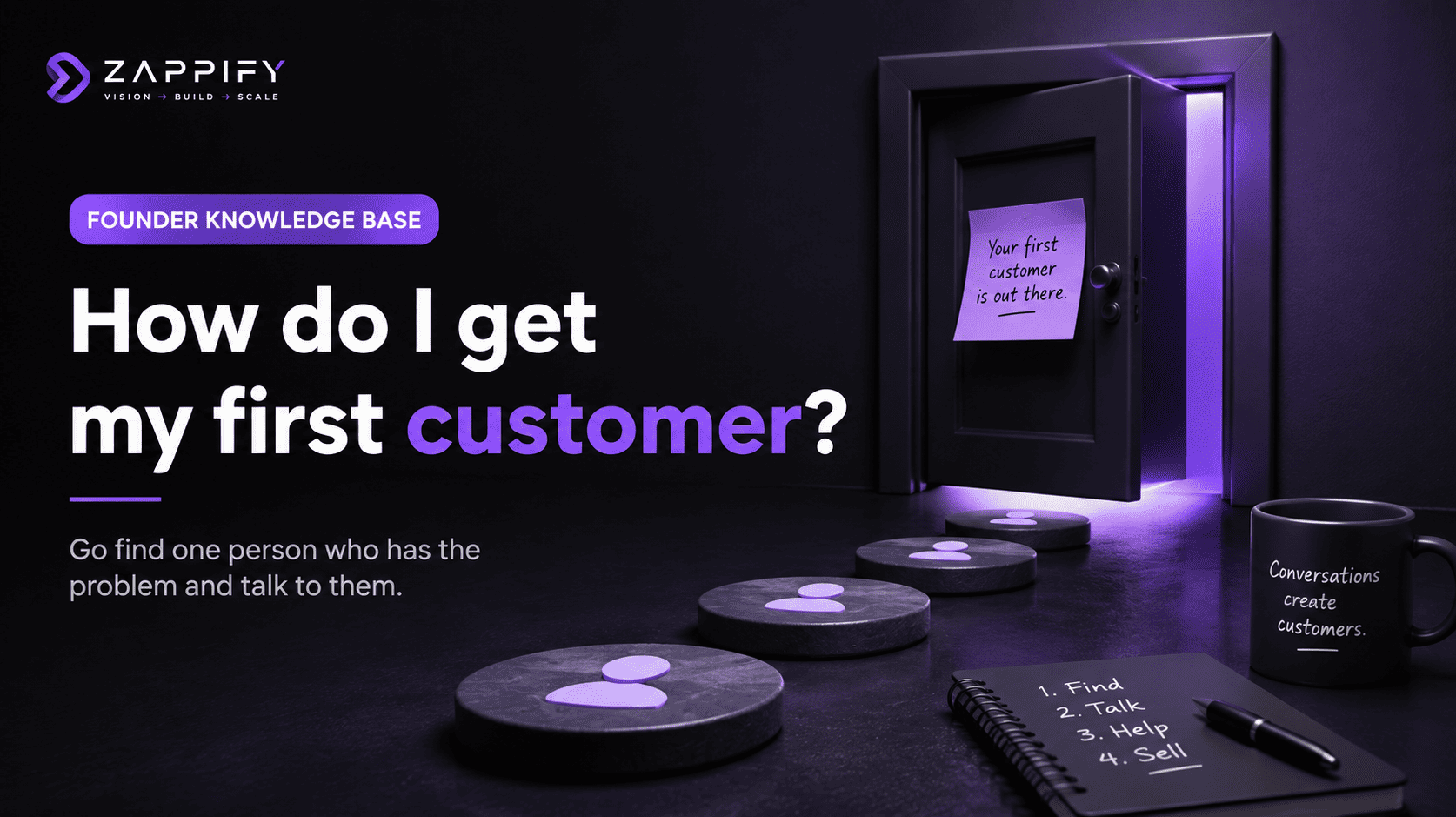 Zappify Founder Knowledge Base illustration showing a founder finding their first customer through direct conversations, with a purple lit doorway and stepping stones representing the path to the first customer.