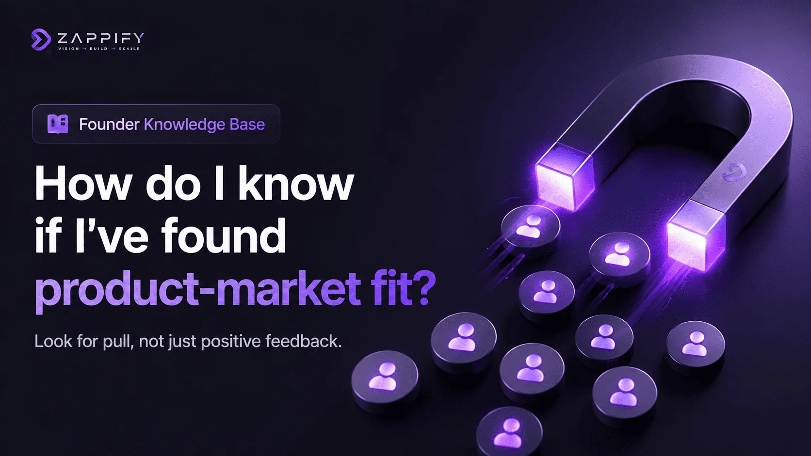 Zappify Founder Knowledge Base illustration about recognizing product market fit, showing a purple magnet attracting active users.